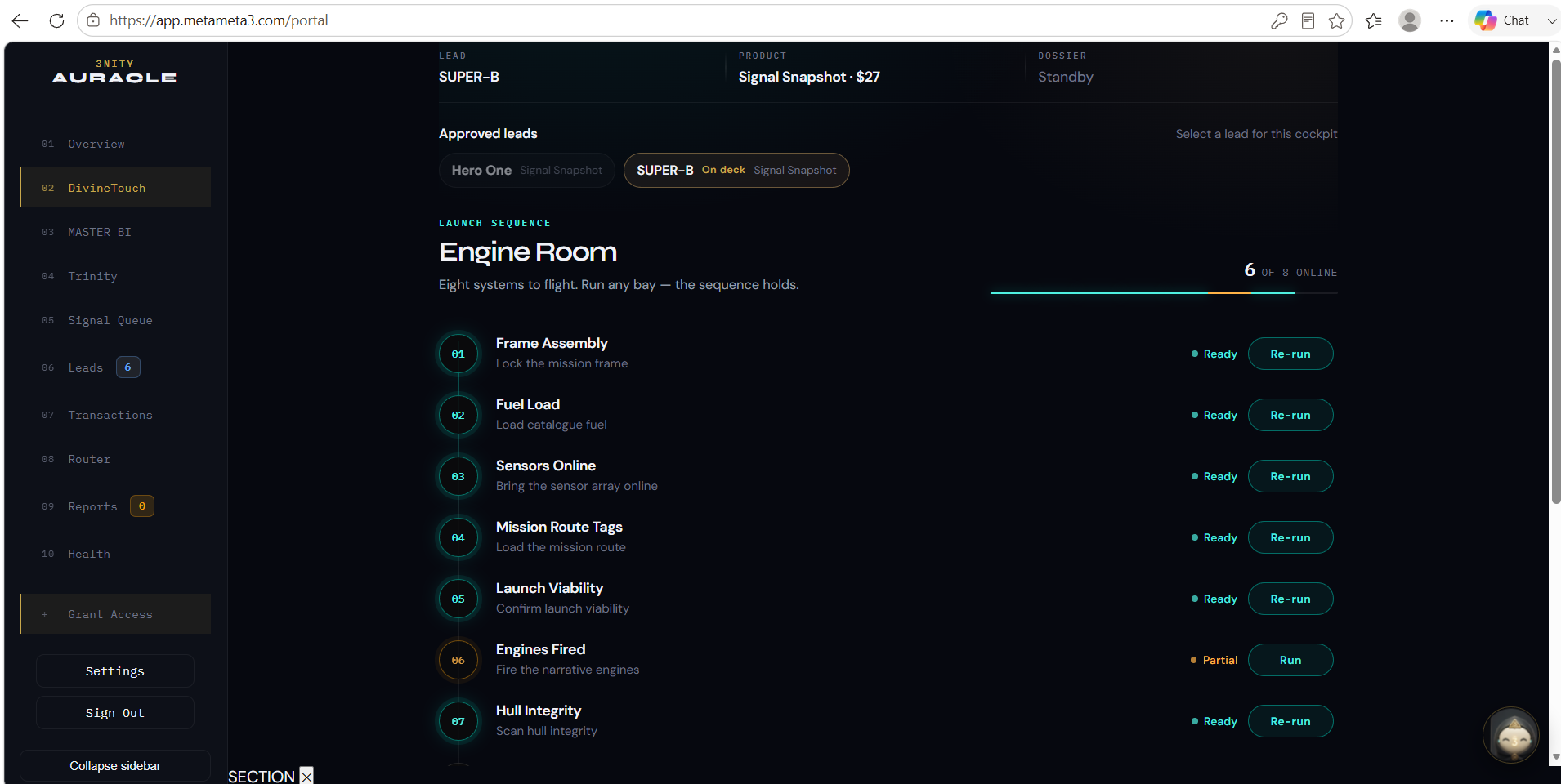 333BI Engine Room: the eight-bay launch sequence running a Signal Snapshot for lead SUPER-B, six of eight systems online