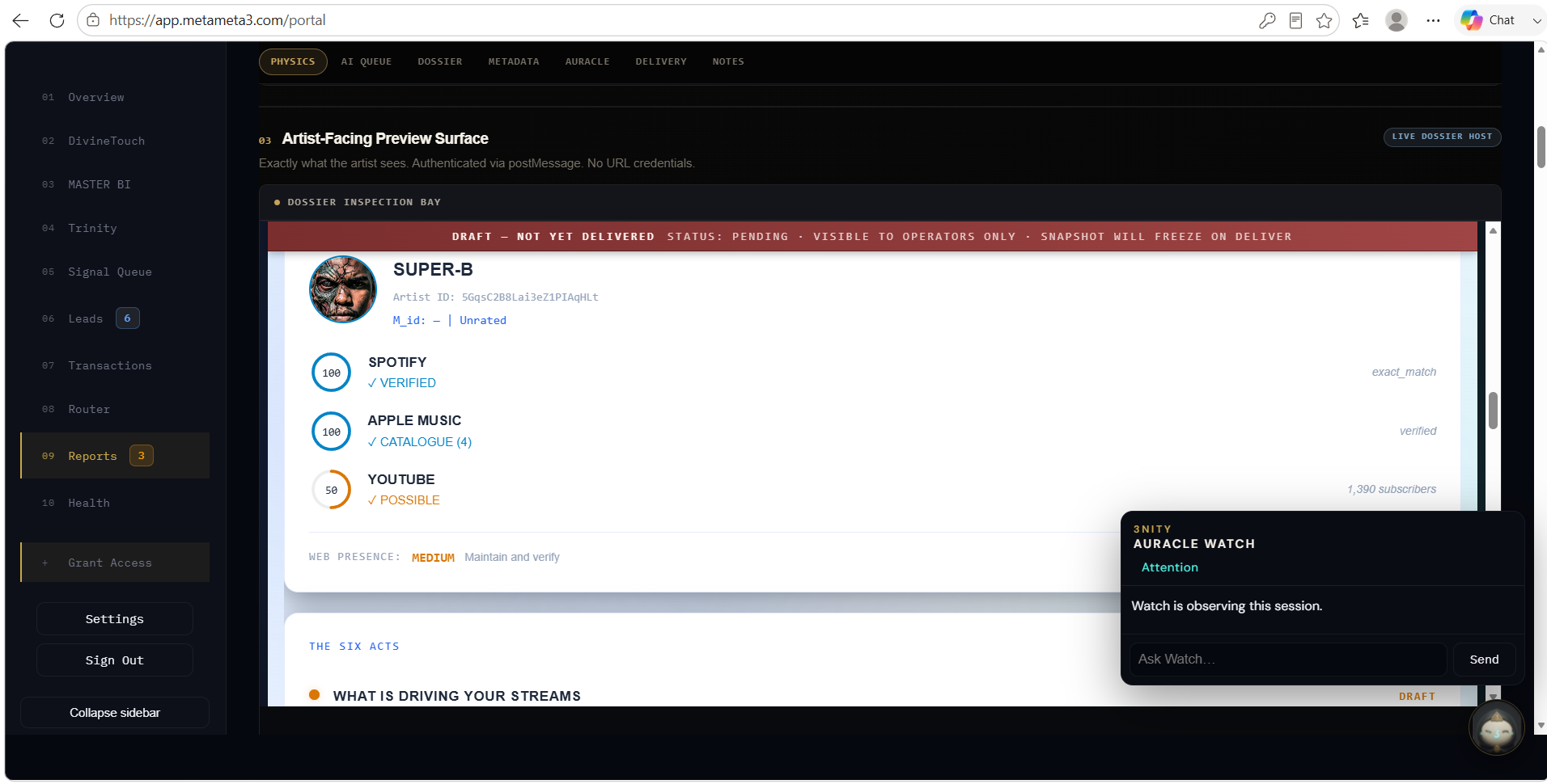 333BI Report Review: the seven-layer inspection theatre showing the artist-facing dossier in draft, with platform verification scores and the AURACLE Watch advisory panel