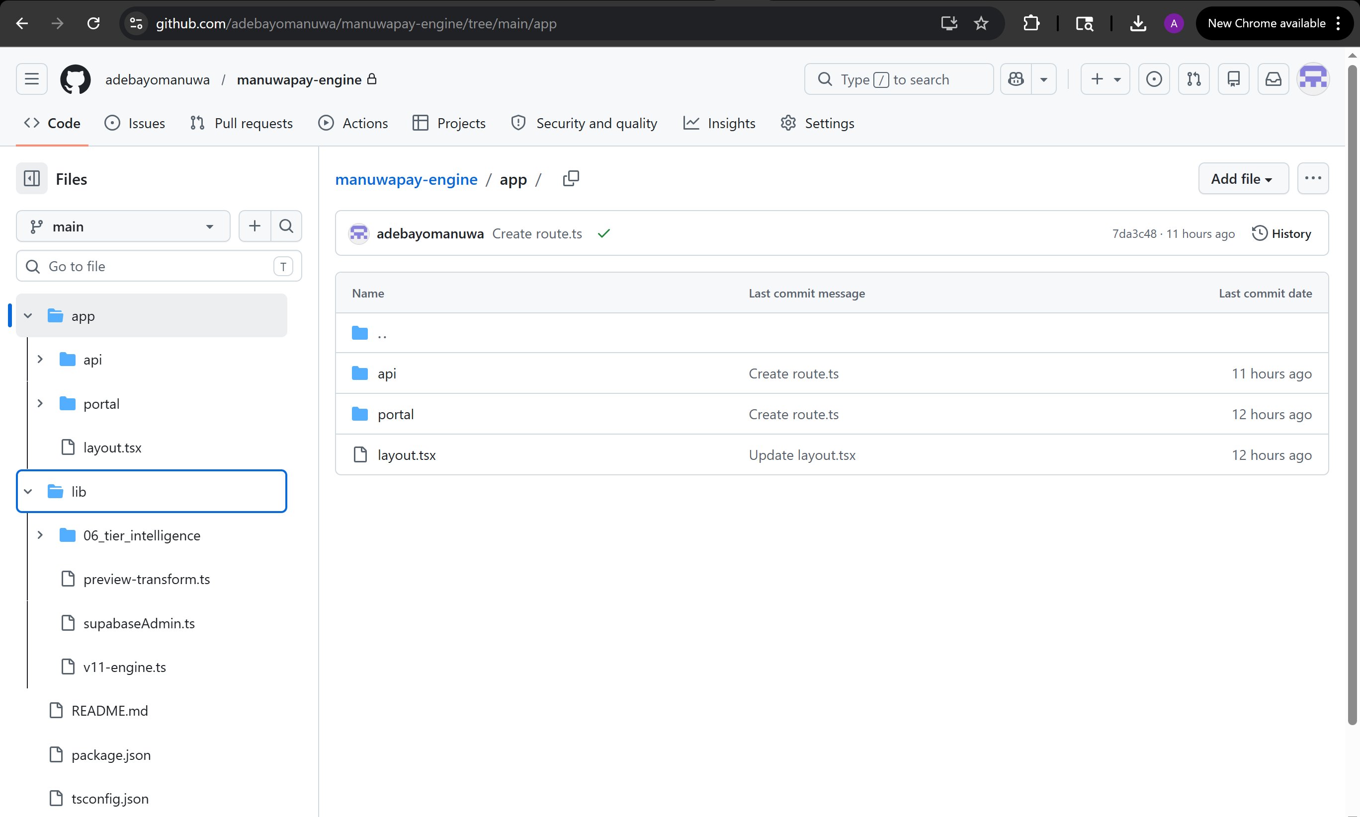 GitHub repository structure for manuwapay-engine showing app and lib directories