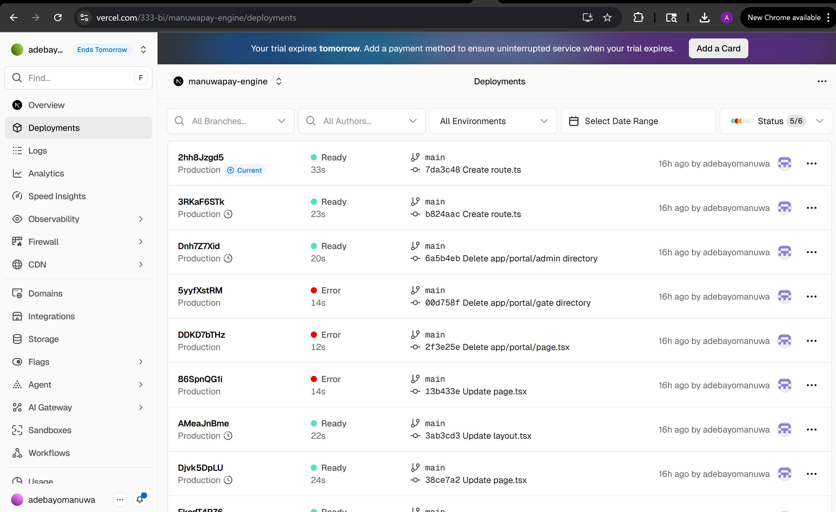 Vercel production deployment log for the manuwapay-engine project